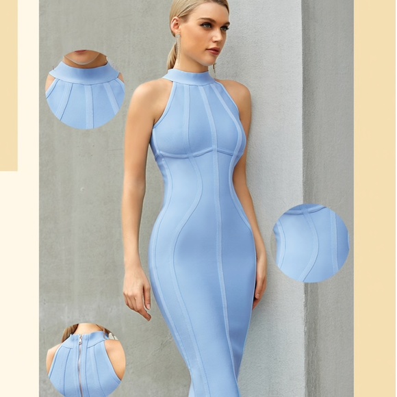 NEW! DESIGNER COUTURE LIGHT BLUE HALTER BANDAGE DRESS HIGH NECK TAILORED DRESS - Picture 9 of 11
